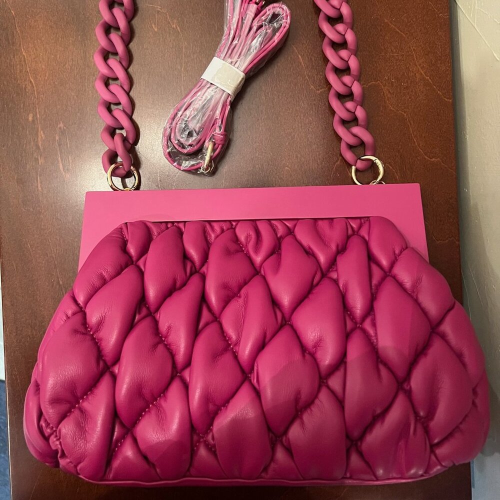 NEW Pink Quilted Clutch Purse with Chunky Chain Handle & Crossbody Strap